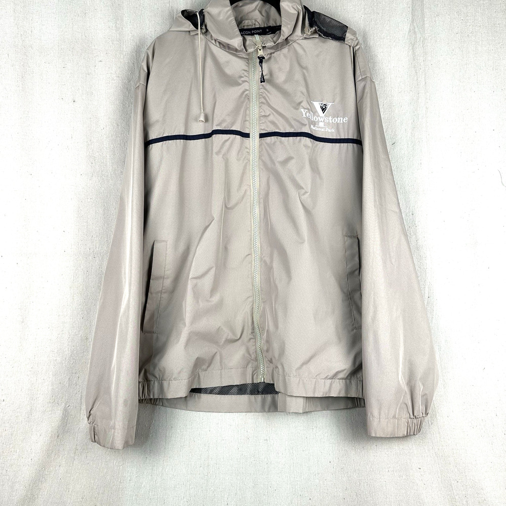 BEACON POINT | Men's Large Rain Jacket Windbreaker "Yellow Stone Nat Park" Beige
